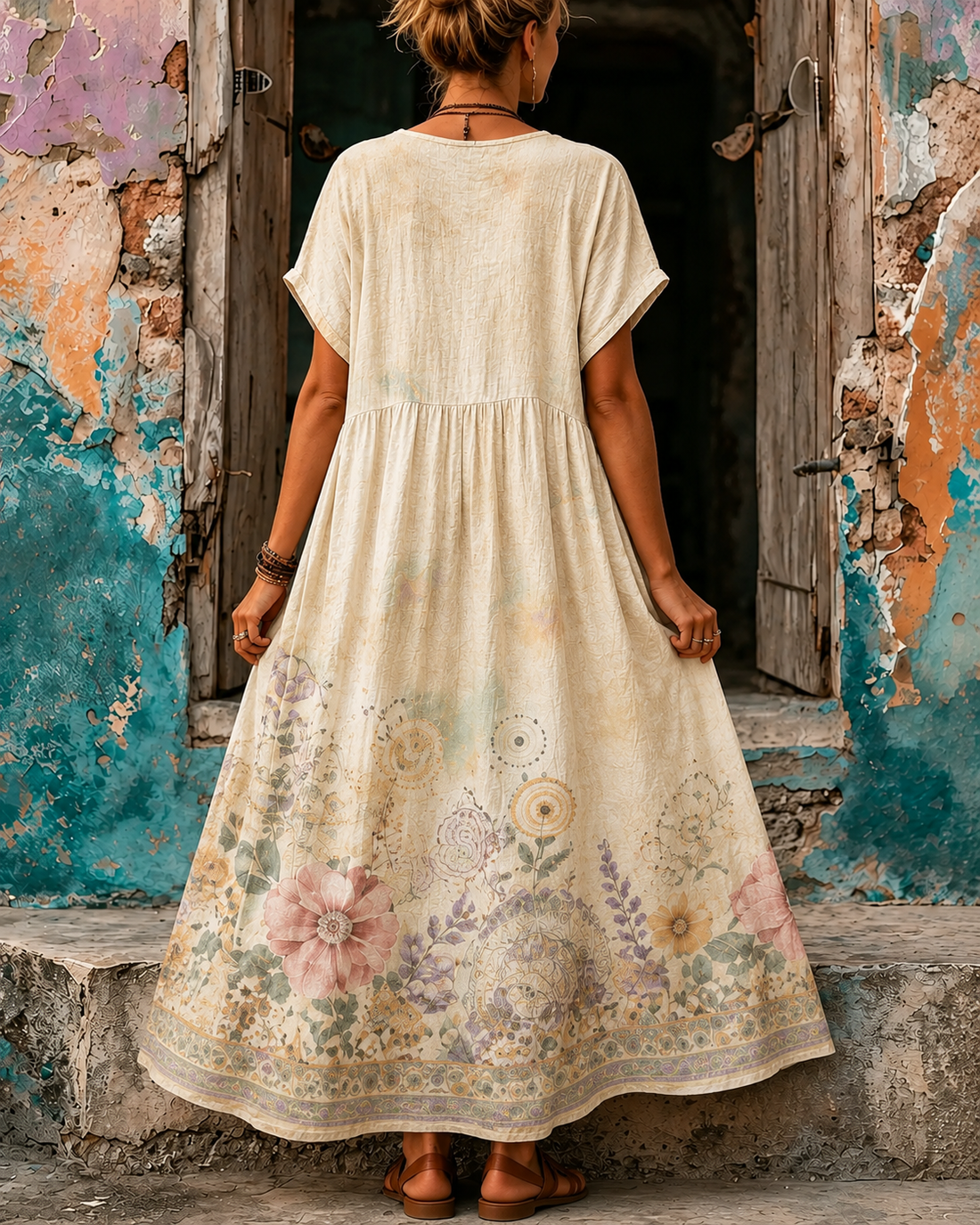Women's Vacation Linen Floral Print V-Neck Short Sleeve Maxi Dress