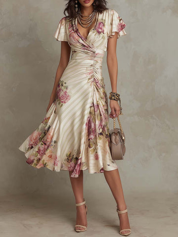 Elegant vintage floral satin midi dress