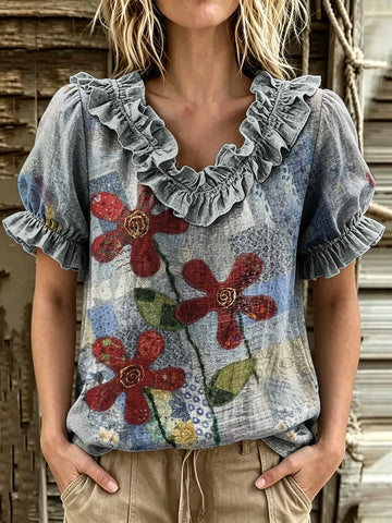 Women's Patchwork Floral Print Ruffle V-Neck Puff Sleeve Top