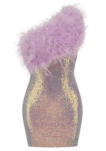 One Shoulder Feather Sequin Dress Lavender