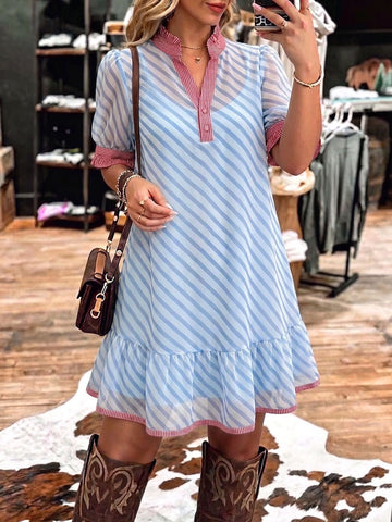 Vintage Art Comfortable Summer Fabrics Patchwork Stripes Casual Dress