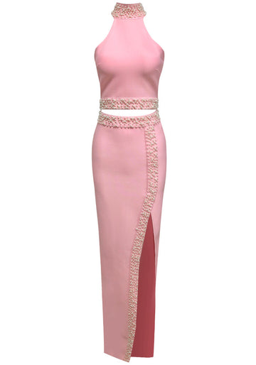 Halter Pearl Two Piece Maxi Dress Pink