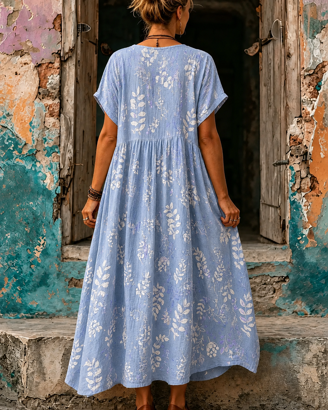 Women's Vacation Linen Boho Floral Print V-Neck Short Sleeve Maxi Dress