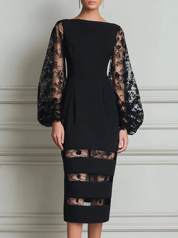 Bateau Neck Floral Lace Balloon Sleeve Sheer-Stripe Hem Bodycon Midi Dress