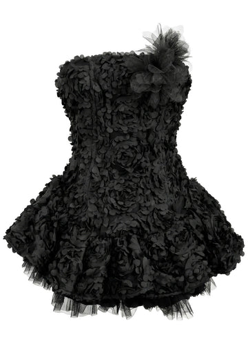 Strapless Floral Mesh A Line Dress Black