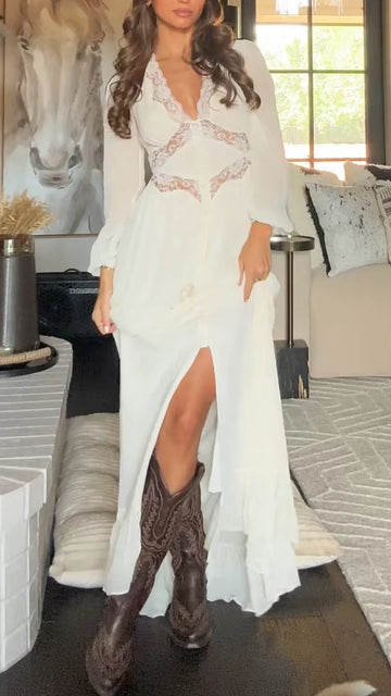 Lace Insert Long Sleeve Western Maxi Dress