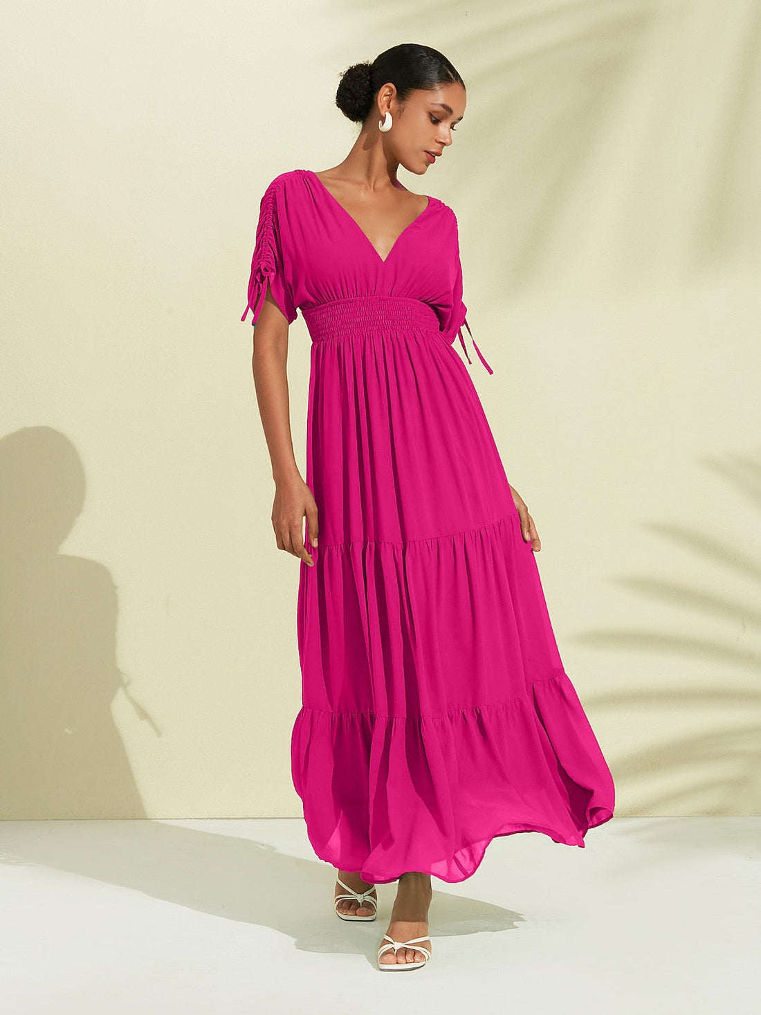 Rose Red Short Sleeve Vacation Chiffon Dress