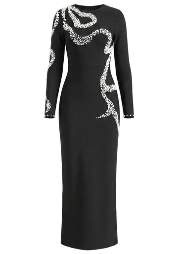 Long Sleeve Pearl Crystal Maxi Dress Black