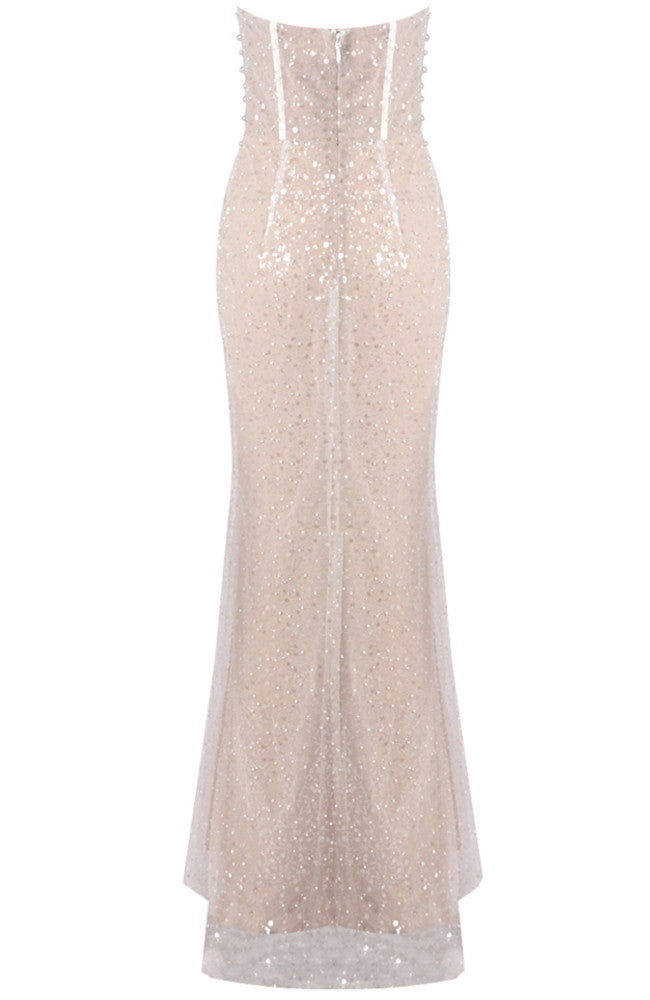 Strapless Pearl Sequin Corset Maxi Dress Nude