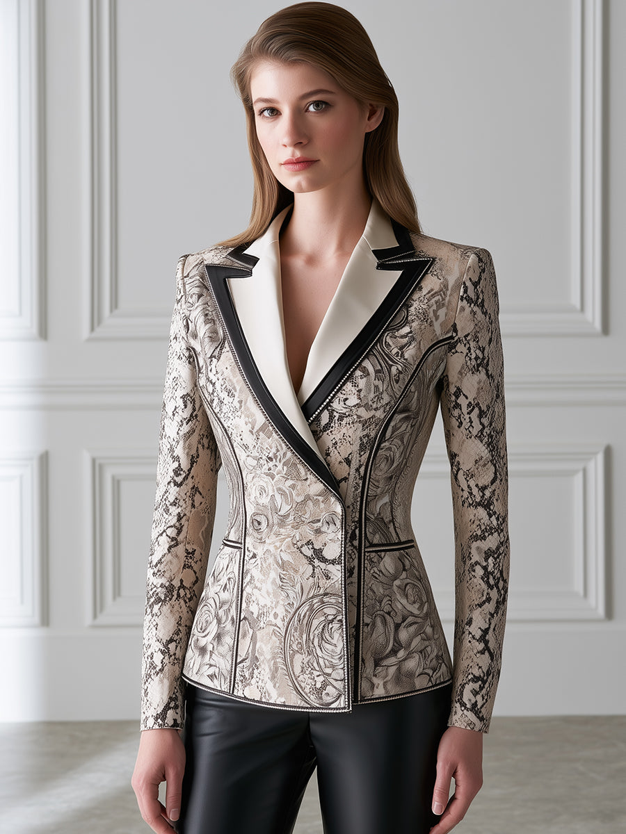 Ornate Snake Print Contrast-Lapel Tailored Blazer