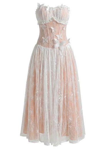 Strapless Butterfly Lace Corset Maxi Dress White