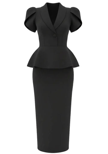 Short Sleeve Peplum Midi Dress Black