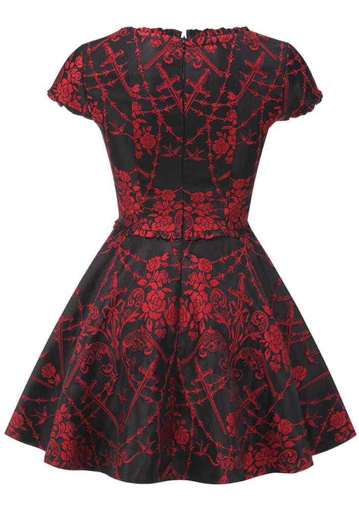 Short Sleeve Printed A Line Dress Black Red