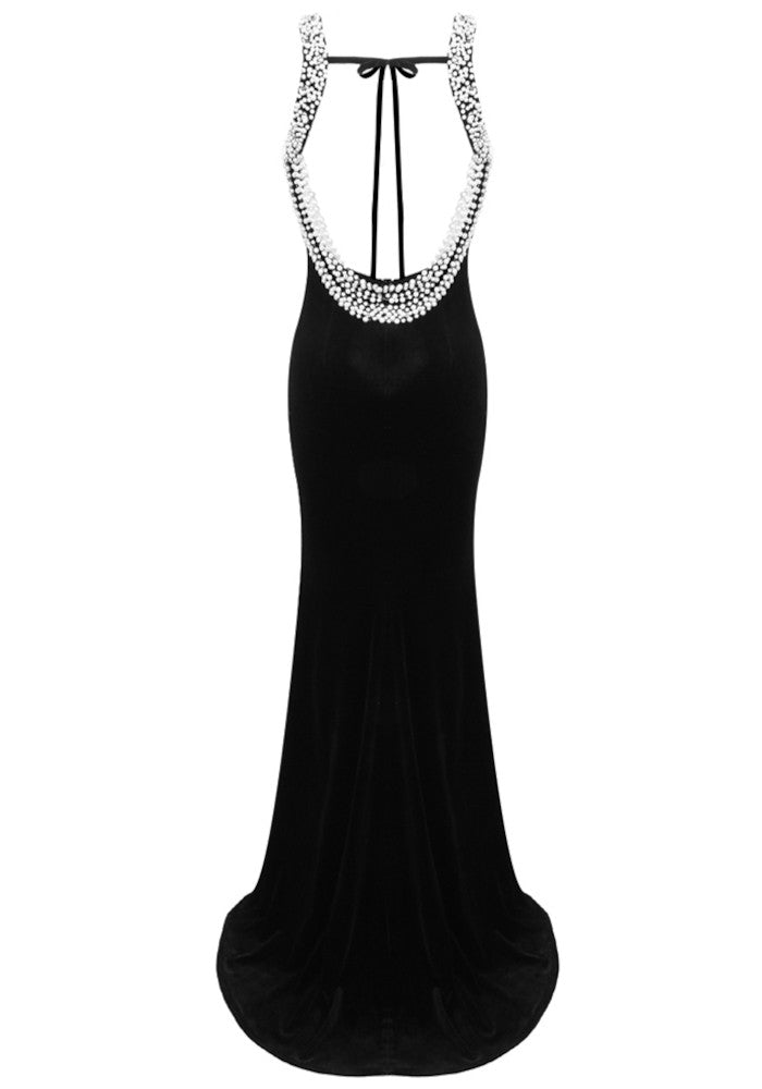 Backless Pearl Maxi Velvet Dress Black