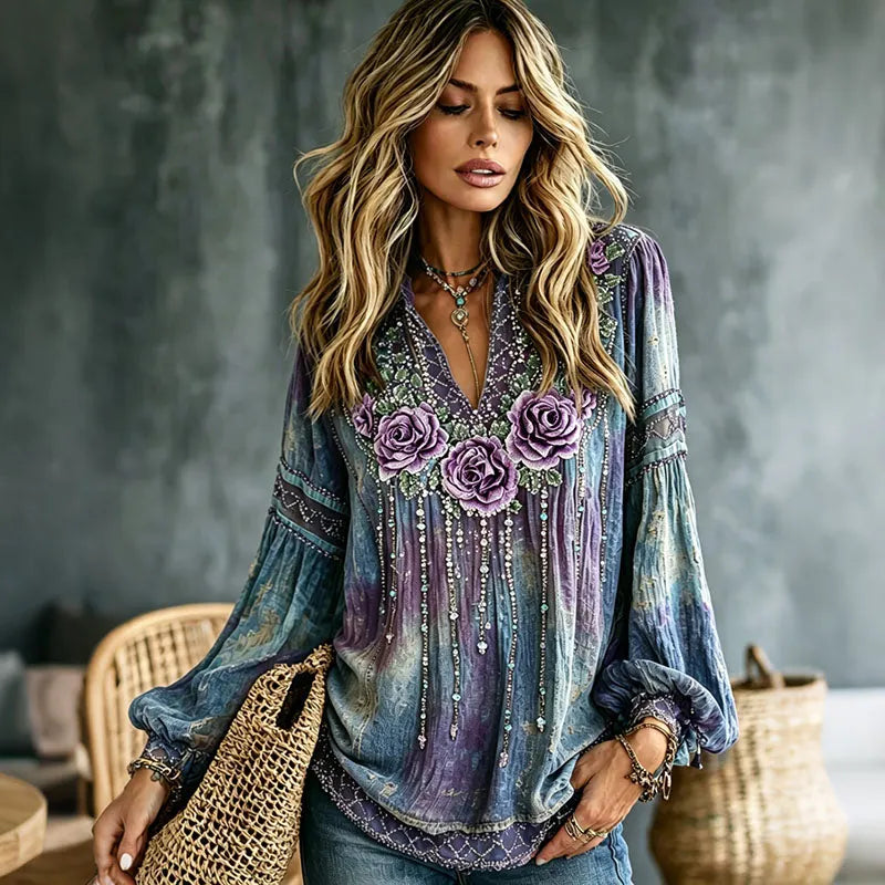 Women's Romantic Floral Art Linen Blend V Neck Long Sleeve Tops