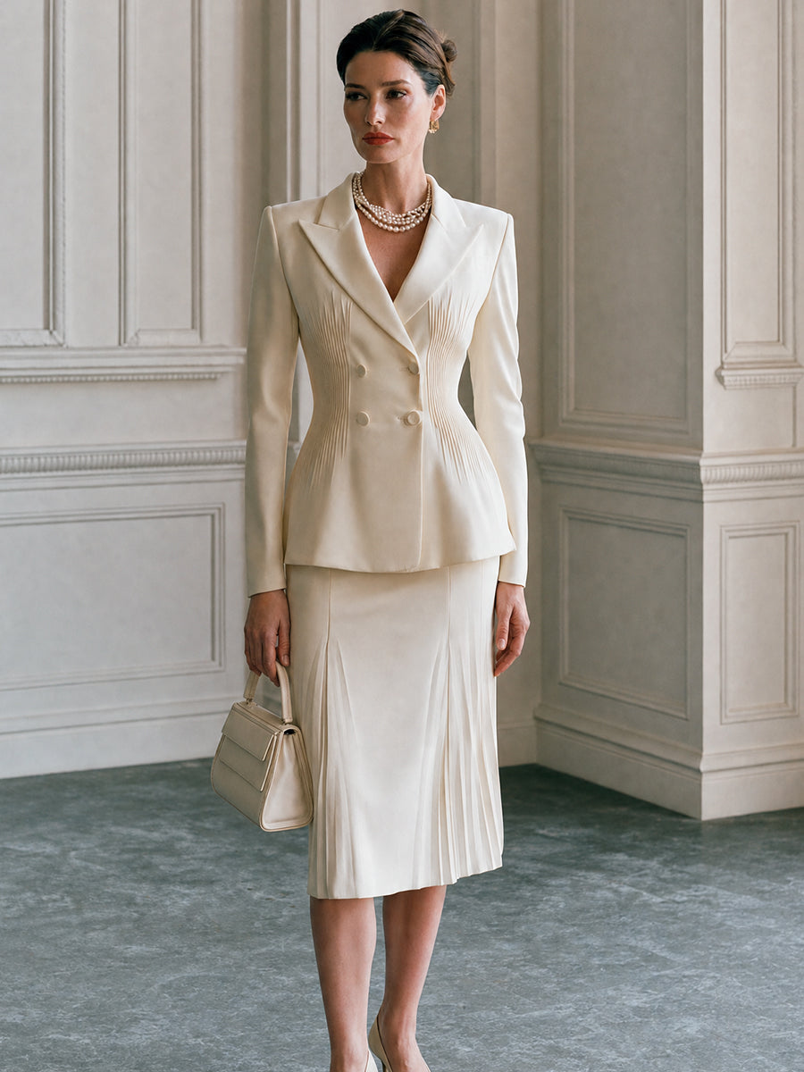 Peaked-Lapel Pintuck Blazer & Pleated Midi Skirt Set