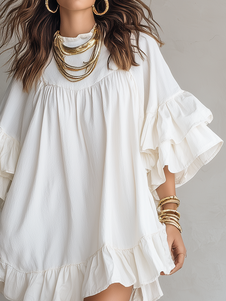 Soft Ivory Ruffled Sleeve Mini Dress