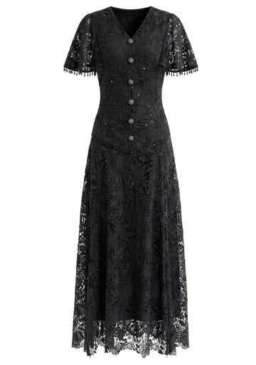 Short Sleeve Corset A Line Crochet Maxi Dress Black