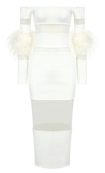 Feather Long Sleeve Off Shoulder Midi Dress White