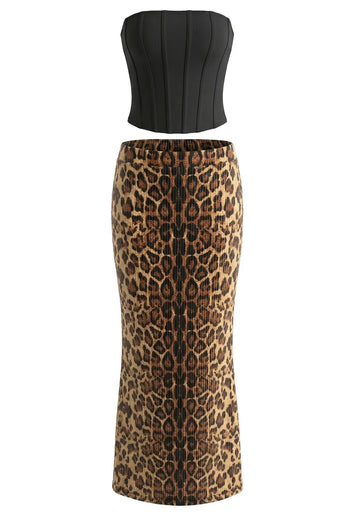 Strapless Sequin Two Piece Maxi Dress Black Animal Print