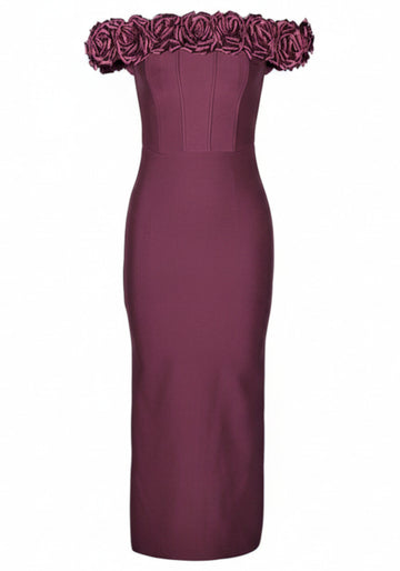 Floral Bardot Midi Dress Burgundy