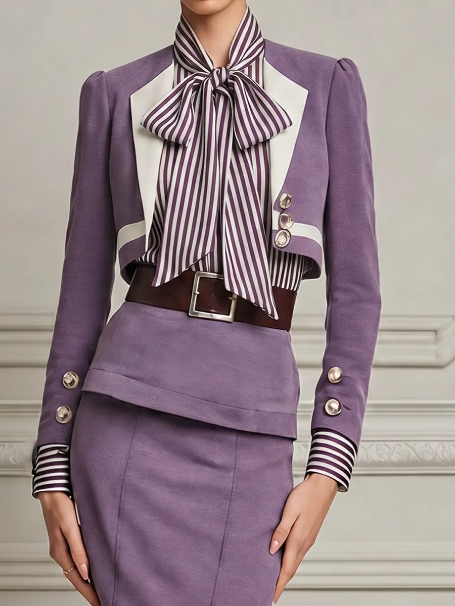 Lavender Stripe Bow Neck Cropped Blazer & Pencil Midi Skirt Two-Piece Suit Set