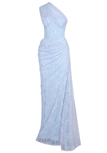 One Shoulder Draped Lace Maxi Dress Light Blue