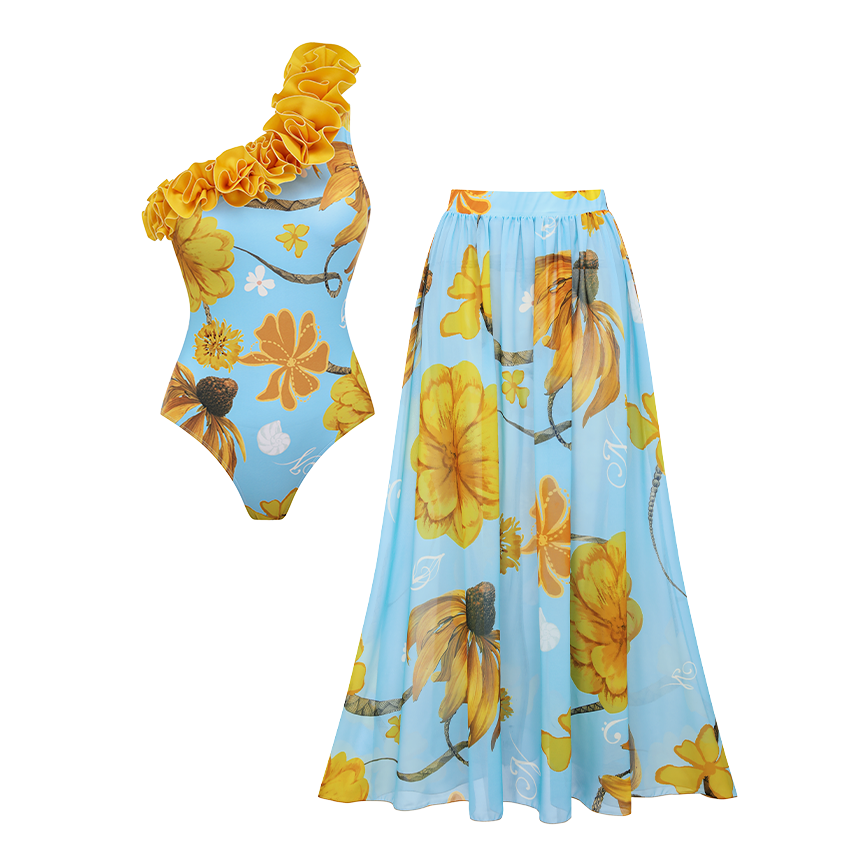 One Shoulder 3D Flower Chrysanthemum Print Swimsuit Set(s)