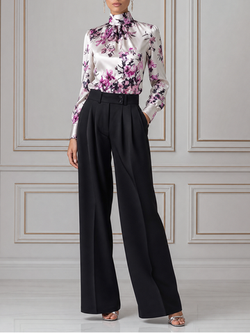White Floral Satin Blouse & Black Wide Leg Pants Set