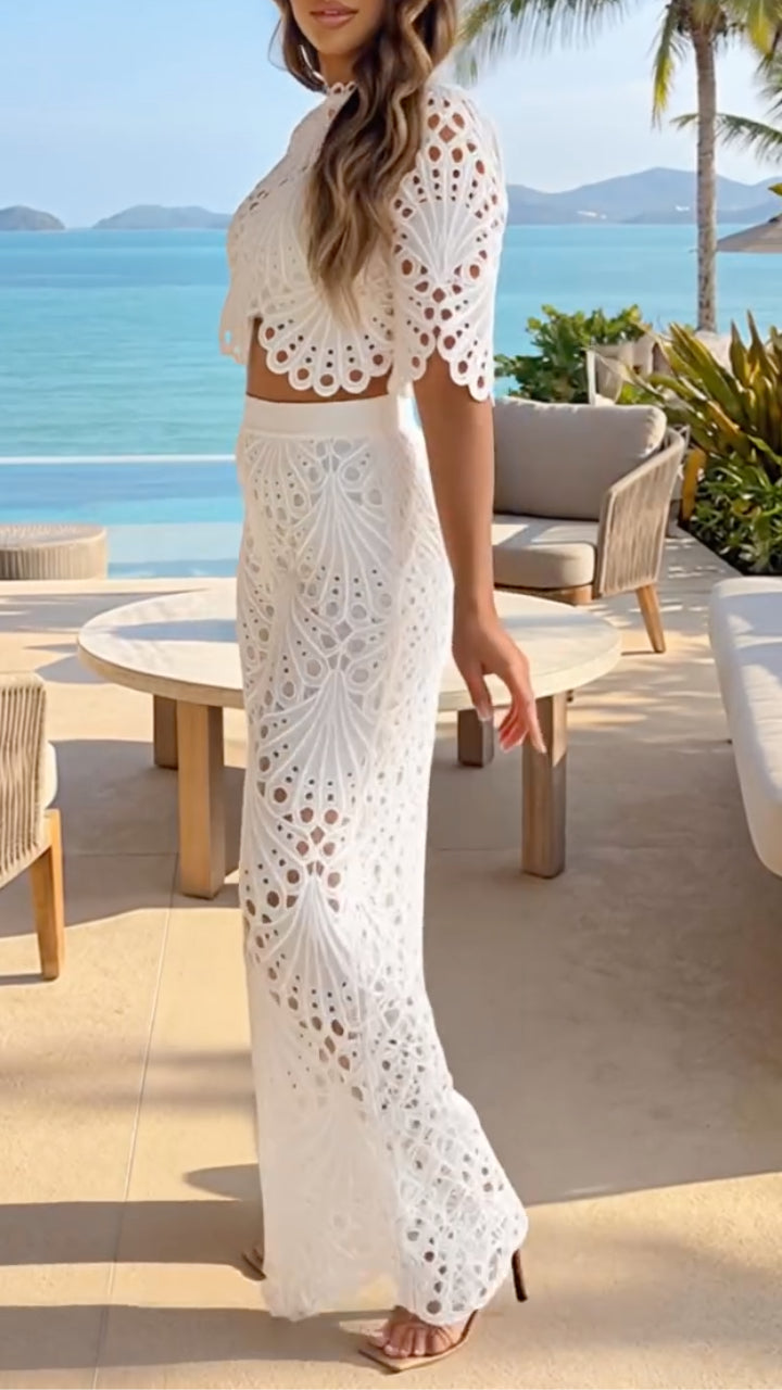 Scallop Eyelet Lace Vacation Matching Two Piece Outfit