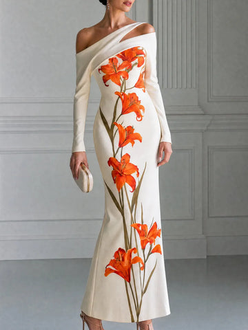 Off Shoulder Asymmetrical Orange Lily Print Maxi Gown
