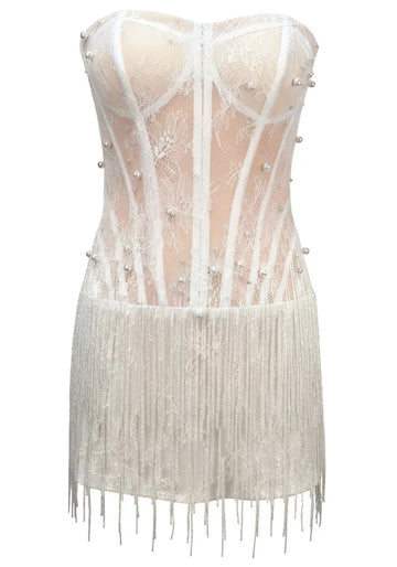 Strapless Lace Tassel Dress White