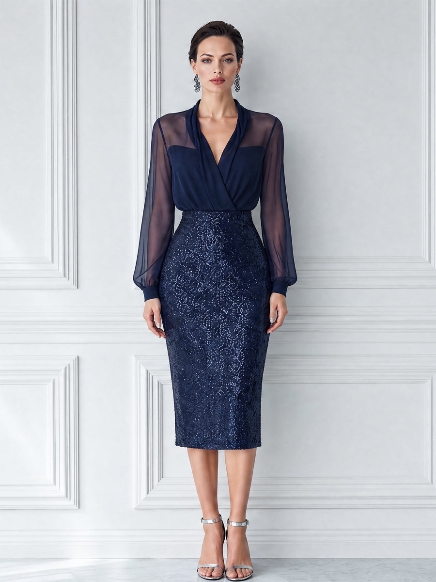 Sheer Chiffon Blouse & Sequin Midi Skirt Two-Piece Set