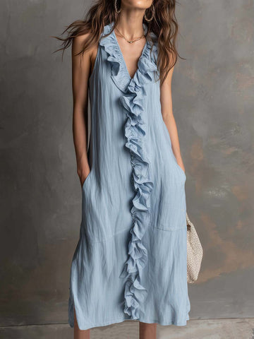 Relaxed Fit Side Pockets Ruffled Placket Cotton-linen Midi Dress