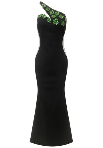 One Shoulder Crystal Flowers Maxi Dress Black Green