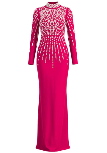 Long Sleeve Pearl Backless Maxi Dress Hot Pink