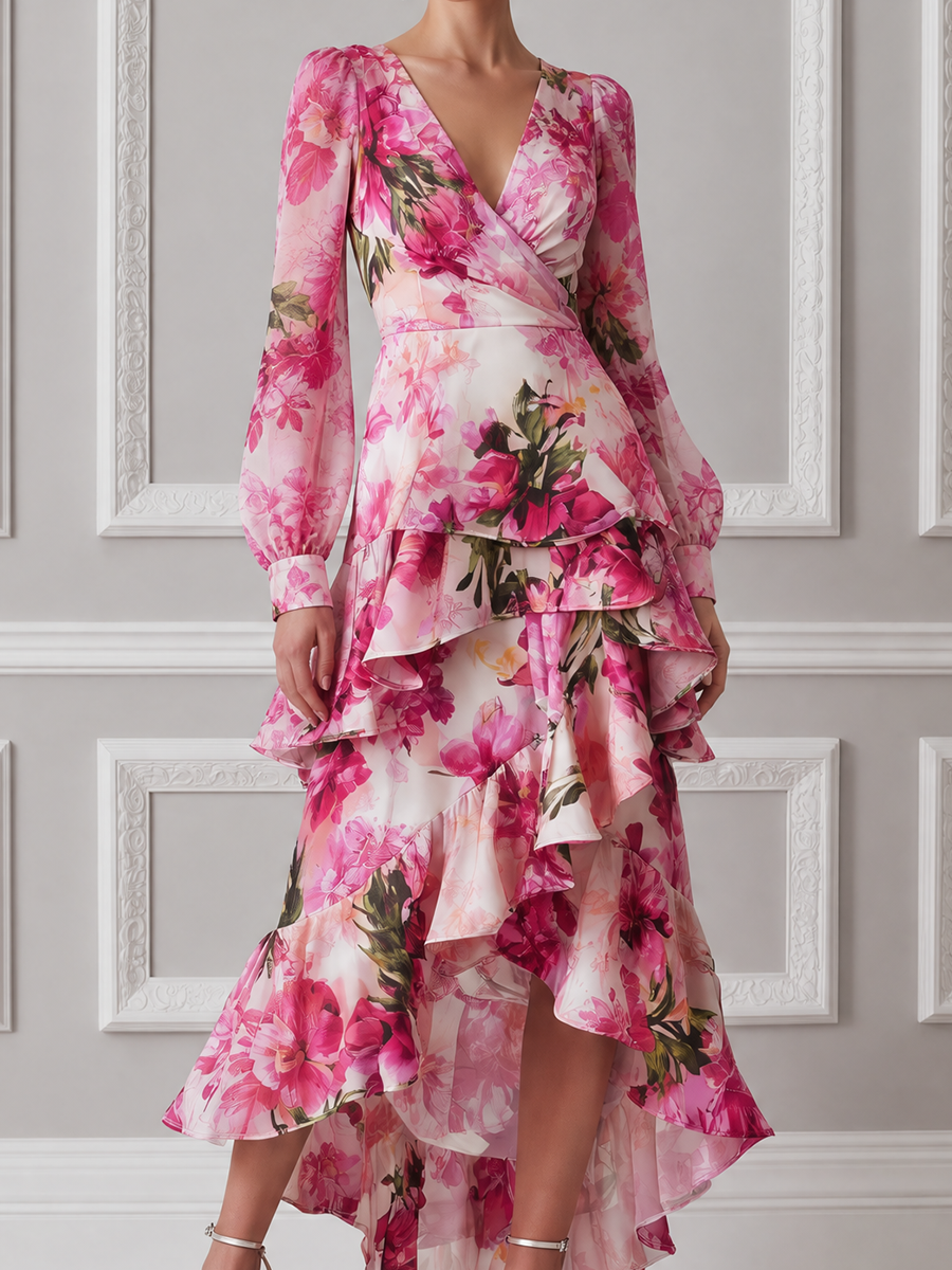 Pink Watercolor Floral Print Wrap Front Ruffle High Low Chiffon Midi Dress