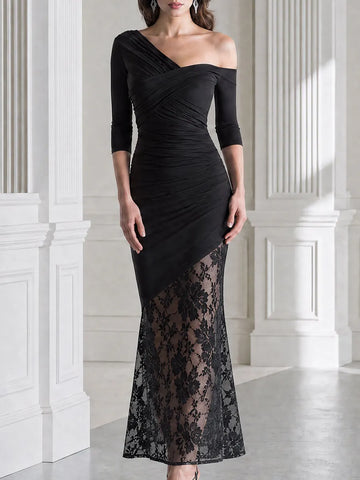 Asymmetrical Off Shoulder Ruched Floral Lace Hem Maxi Dress
