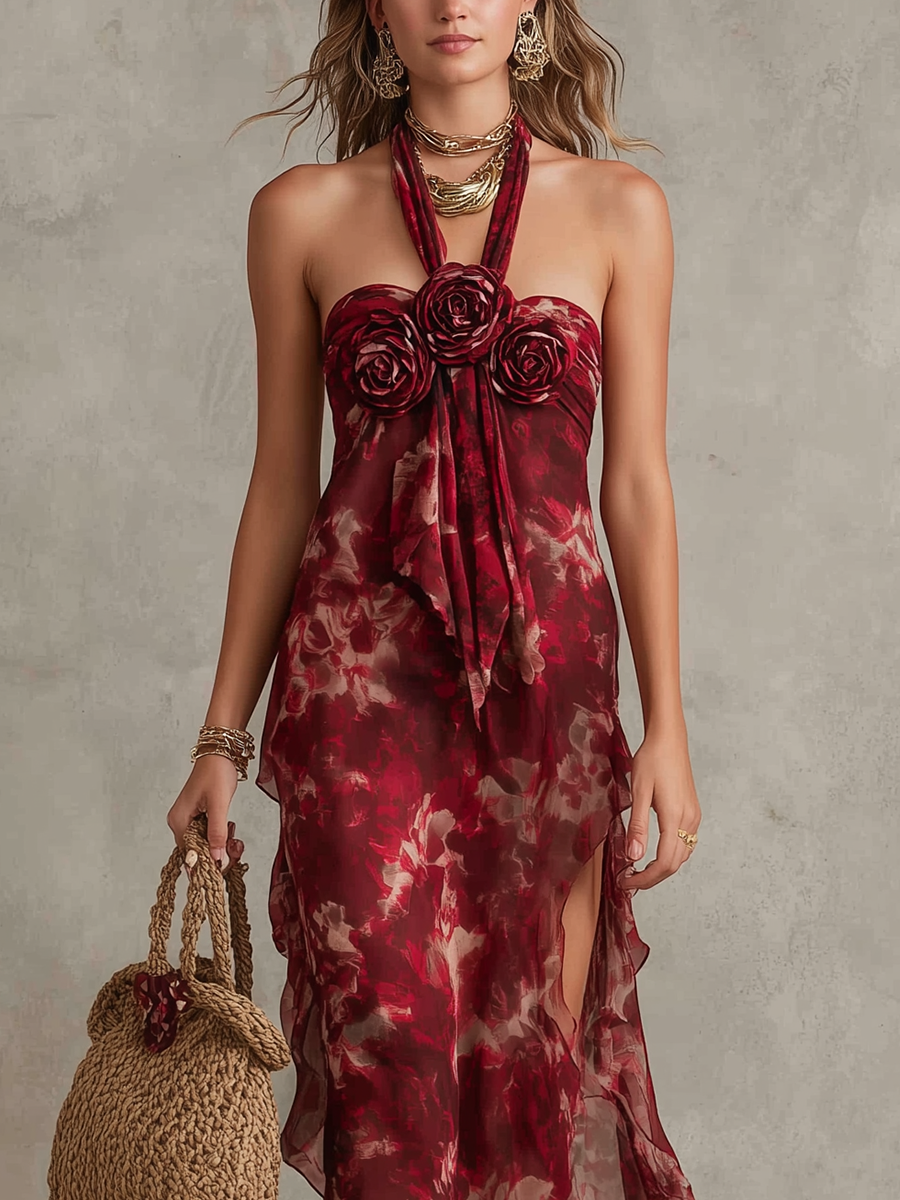 Romantic Floral Print 3D Rose Halter Neck Chiffon Dress