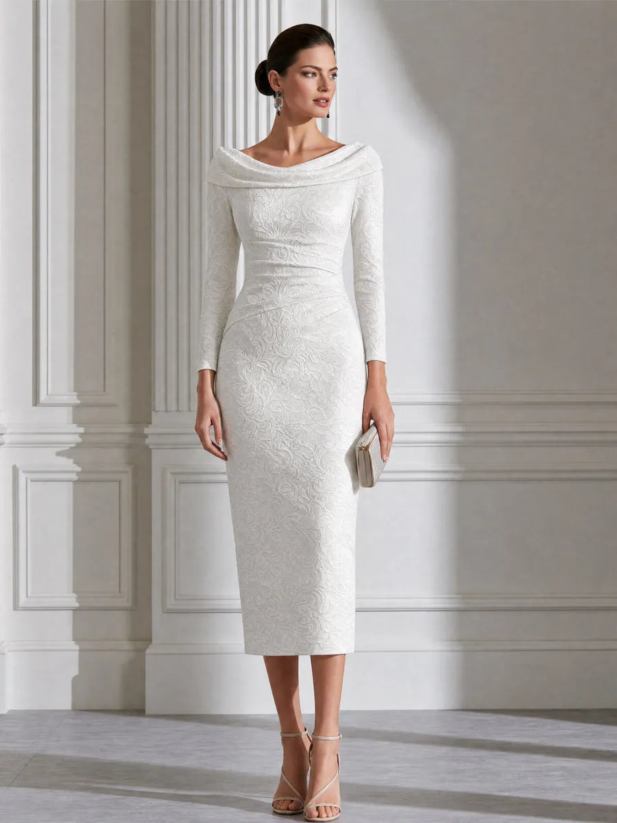 Textured Jacquard Cowl Neck Long Sleeve Midi Dress