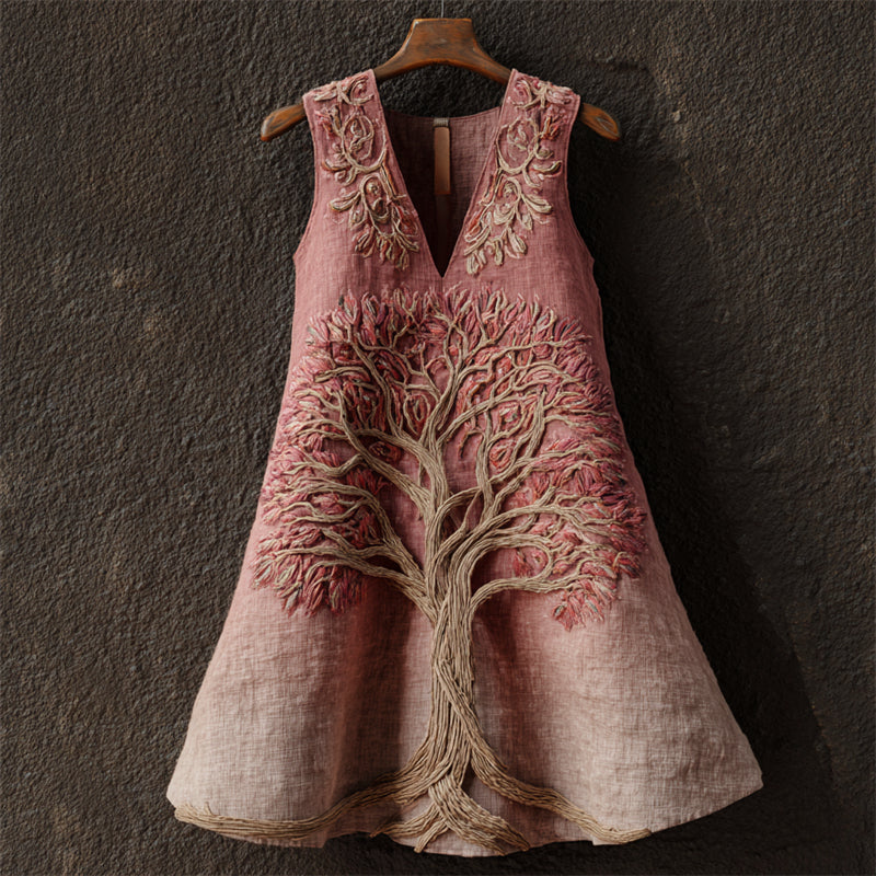Vintage Pink Tree Of Life Embroidered Gradient Linen Tank Top
