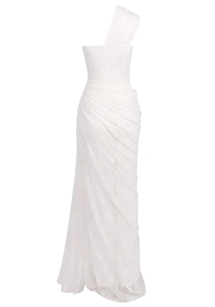 One Shoulder Draped Lace Maxi Dress White