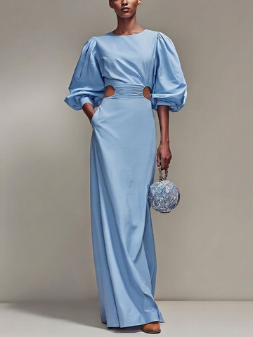 Women’s Sky Blue Satin Round Neck Balloon Sleeve Ruched Waist Cutout Maxi Dress MDZ2467D8T