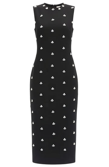 Crystal Pearl Embellished Midi Dress Black