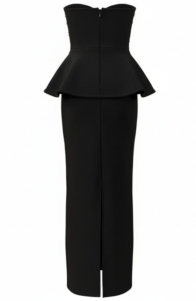 Strapless Crystal Embellished Corset Maxi Dress Black