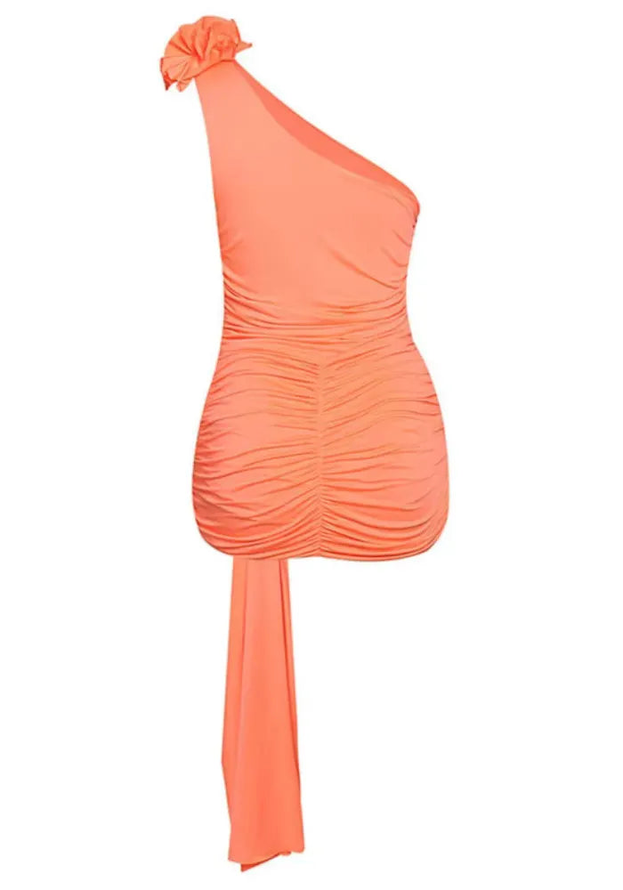 Floral One Shoulder Ruched Dress Orange