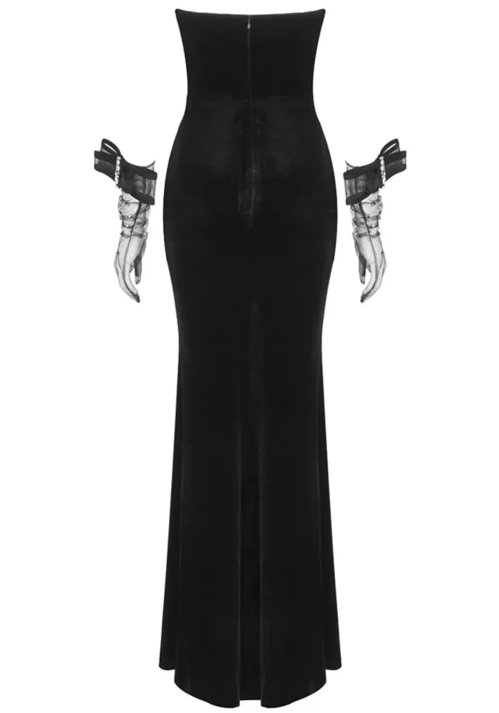 Strapless Crystal Bustier Draped Maxi Velvet Dress Black