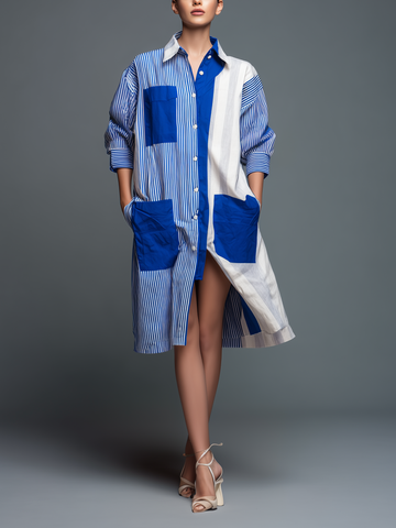 Women's Modern Minimalist Deconstructed-Style Blue And White Striped Patchwork Shirt Dress MDZ2069D9ZJW