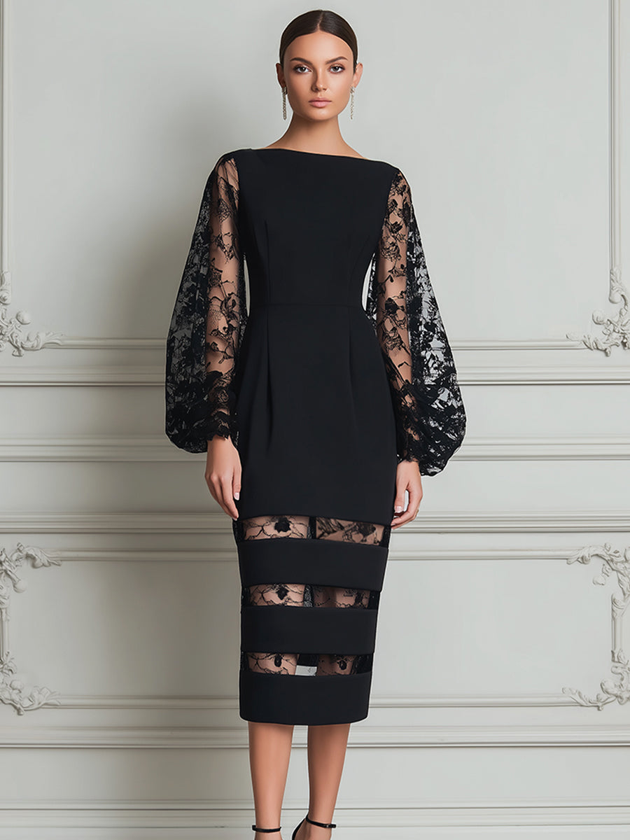 Bateau Neck Floral Lace Balloon Sleeve Sheer-Stripe Hem Bodycon Midi Dress
