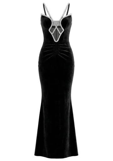 Crystal Straps Maxi Velvet Dress Black